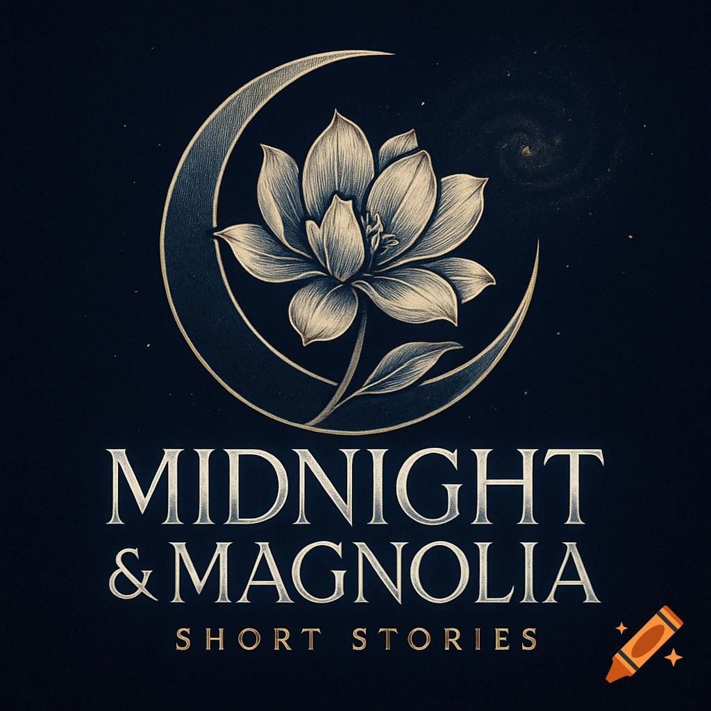 Elegant logo with a magnolia flower inside a crescent moon, with 'Midnight & Magnolia Short Stories' text on a dark background.
