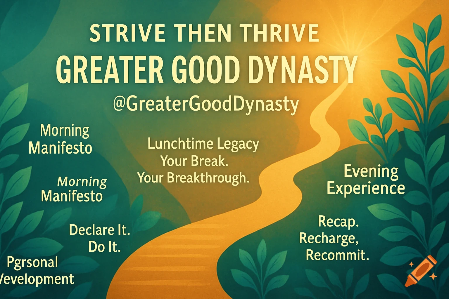 A vibrant green and yellow graphic for a YouTube banner with a winding path leading to a sunburst. Text reads 'Strive then Thrive Greater Good Dynasty' and lists daily routines and principles for self-improvement.