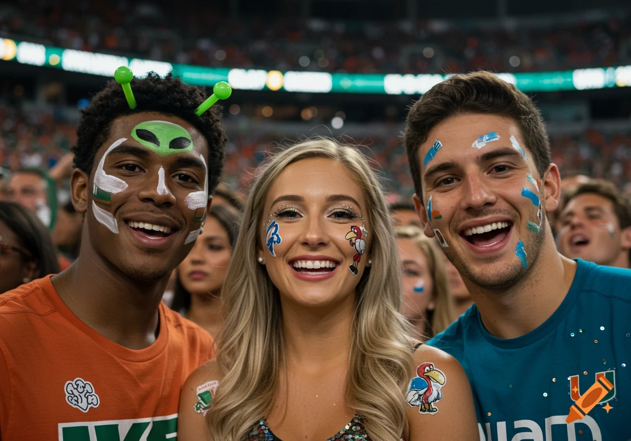 Three smiling young adults with face paint and stickers, including an alien and shark, in a lively stadium crowd.
