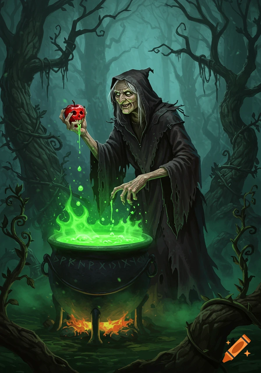 An old, ghoulish witch in a black cloak holds a red, dripping poisoned apple over a bubbling green cauldron in a dark, misty forest.