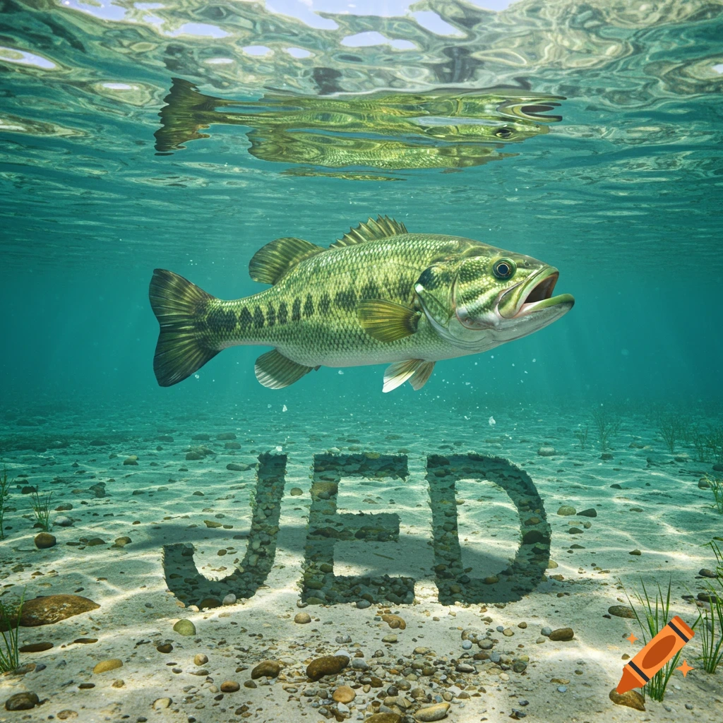 A photorealistic image of a bass fish swimming underwater above the name JED formed by rocks on the seabed.