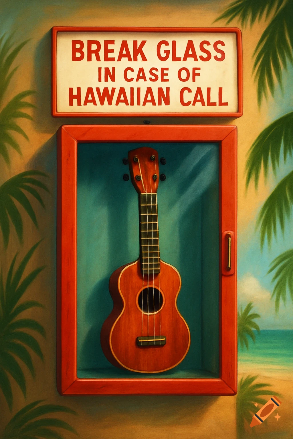 A ukulele in a red emergency box with a sign that reads 'BREAK GLASS IN CASE OF HAWAIIAN CALL', against a tropical background.