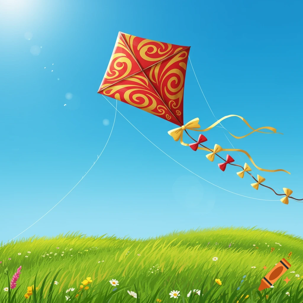 A red and gold patterned kite with yellow bows on its tail flies high in a clear blue sky above a vibrant green grassy field.
