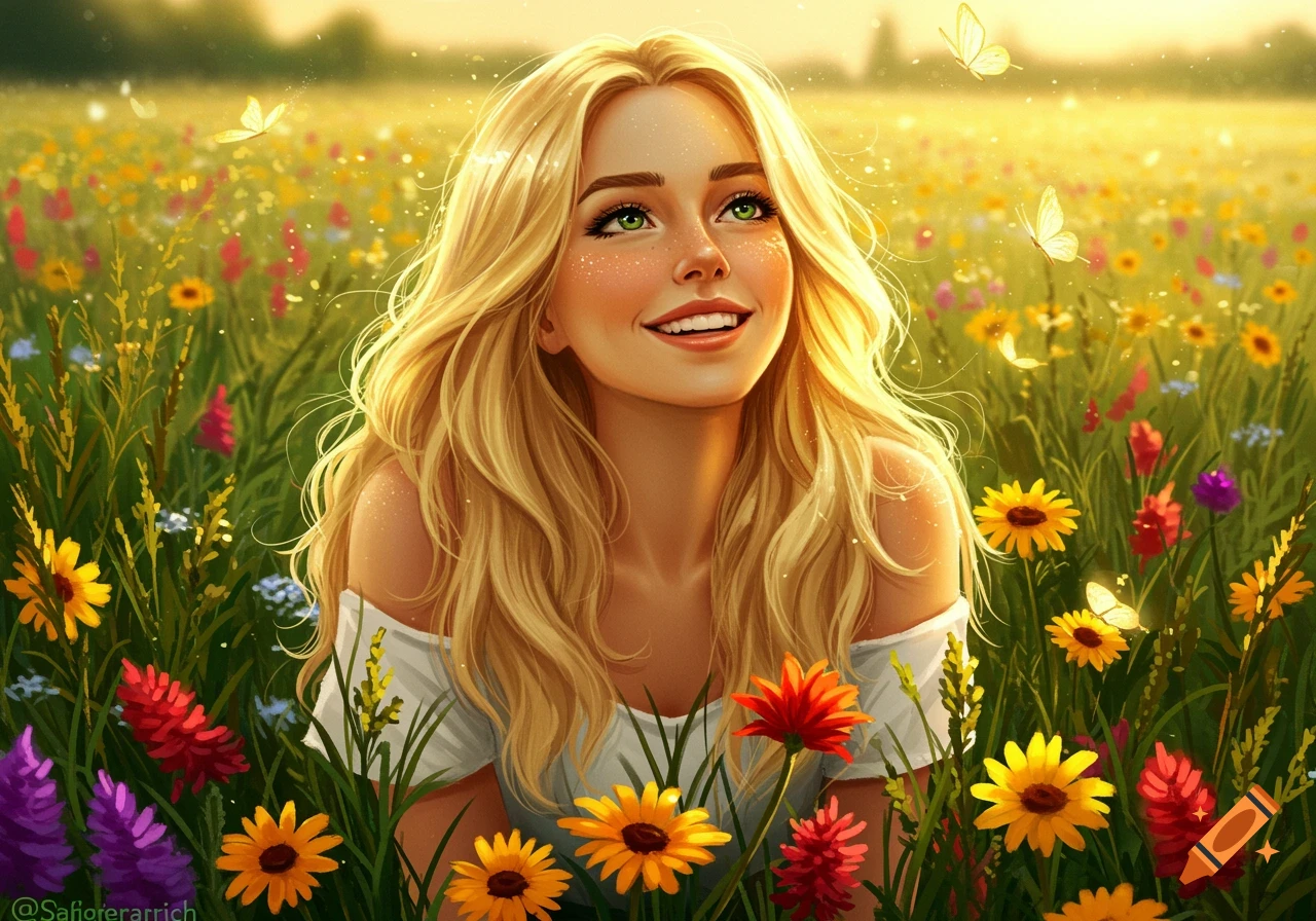 A cheerful blonde woman with green eyes smiles while sitting in a vibrant field of colorful wildflowers under a bright sky with butterflies.