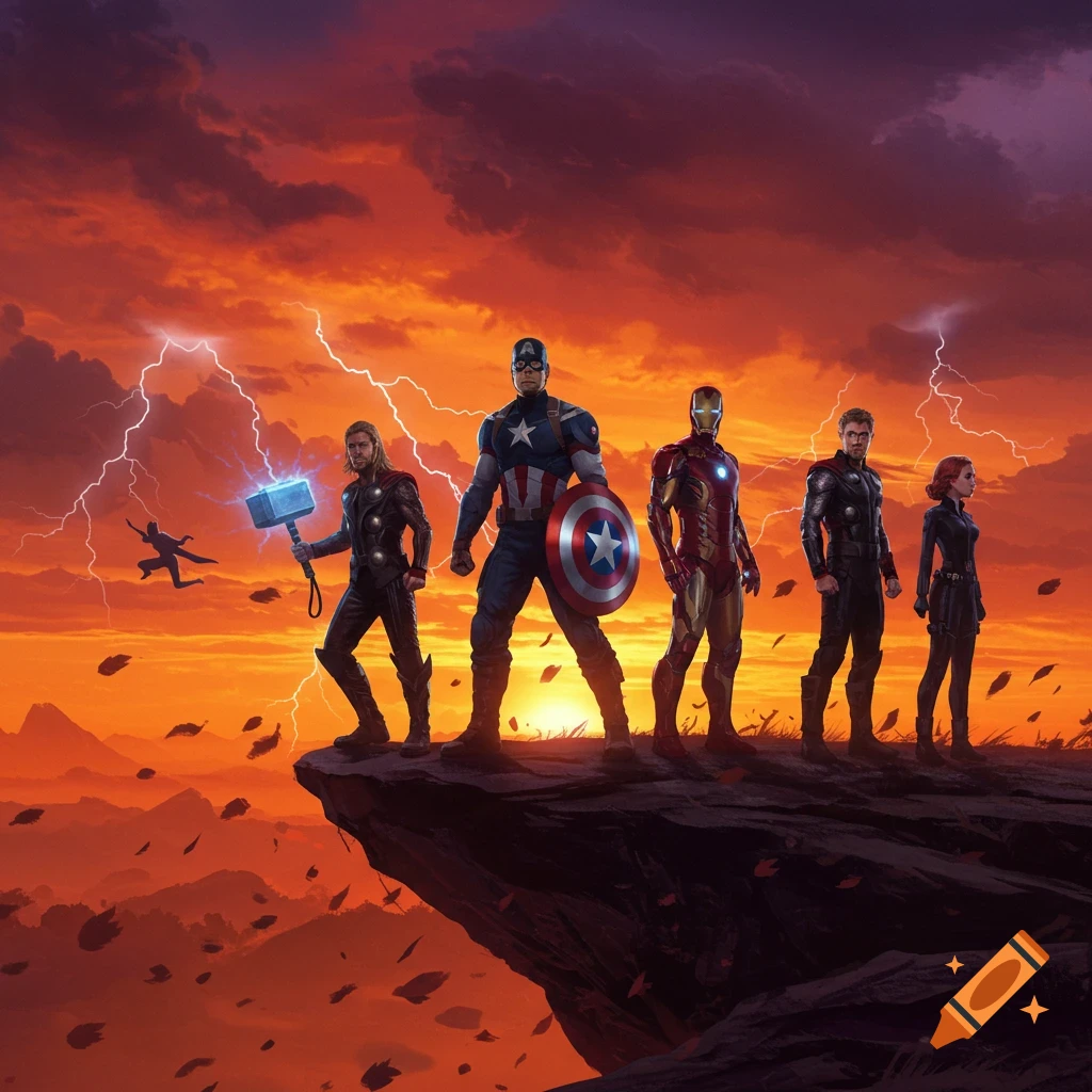 Five Marvel superheroes stand heroically on a cliff edge against an orange, stormy sunset sky with lightning.