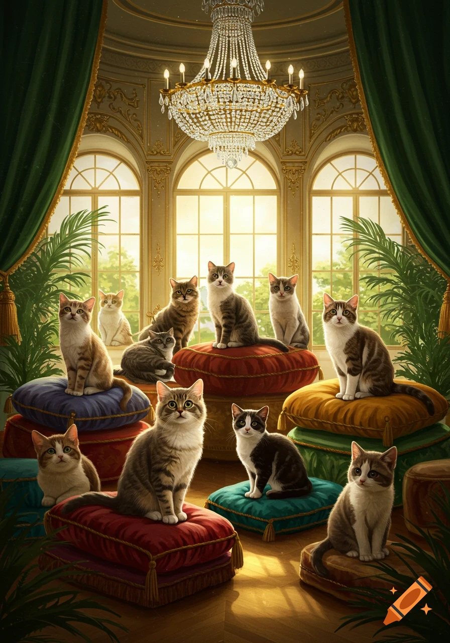 Eleven photorealistic cats sit on colorful ornate pillows in a luxurious room with a grand chandelier and large windows.