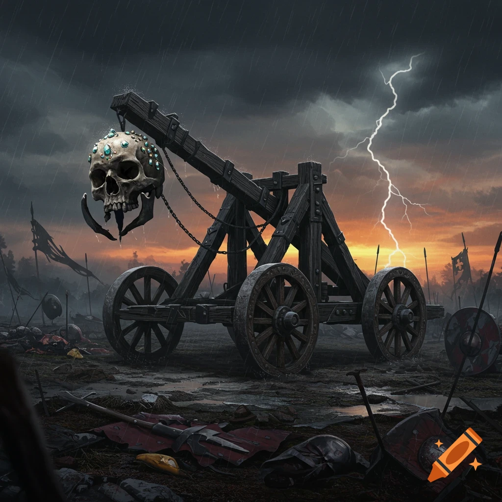 A skull-headed catapult stands on a muddy, rain-soaked battlefield with fallen weapons, under a stormy sky with lightning at sunset.