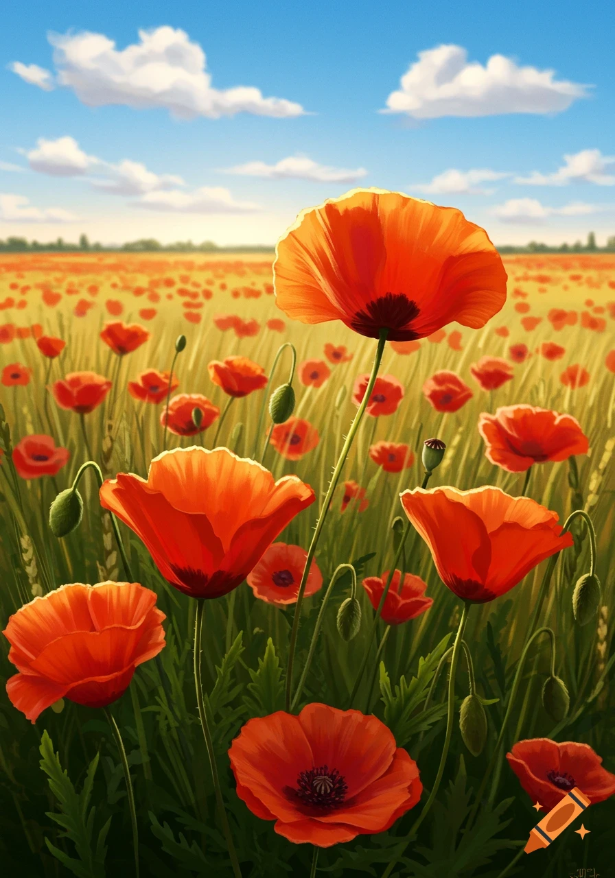 A vibrant field of red poppies under a bright blue sky with white clouds, in a painterly style.