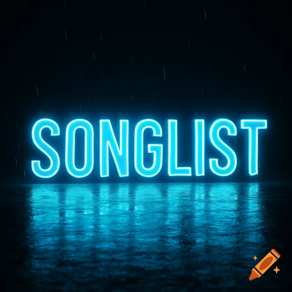Neon blue 'SONGLIST' sign reflecting on wet pavement under falling rain.