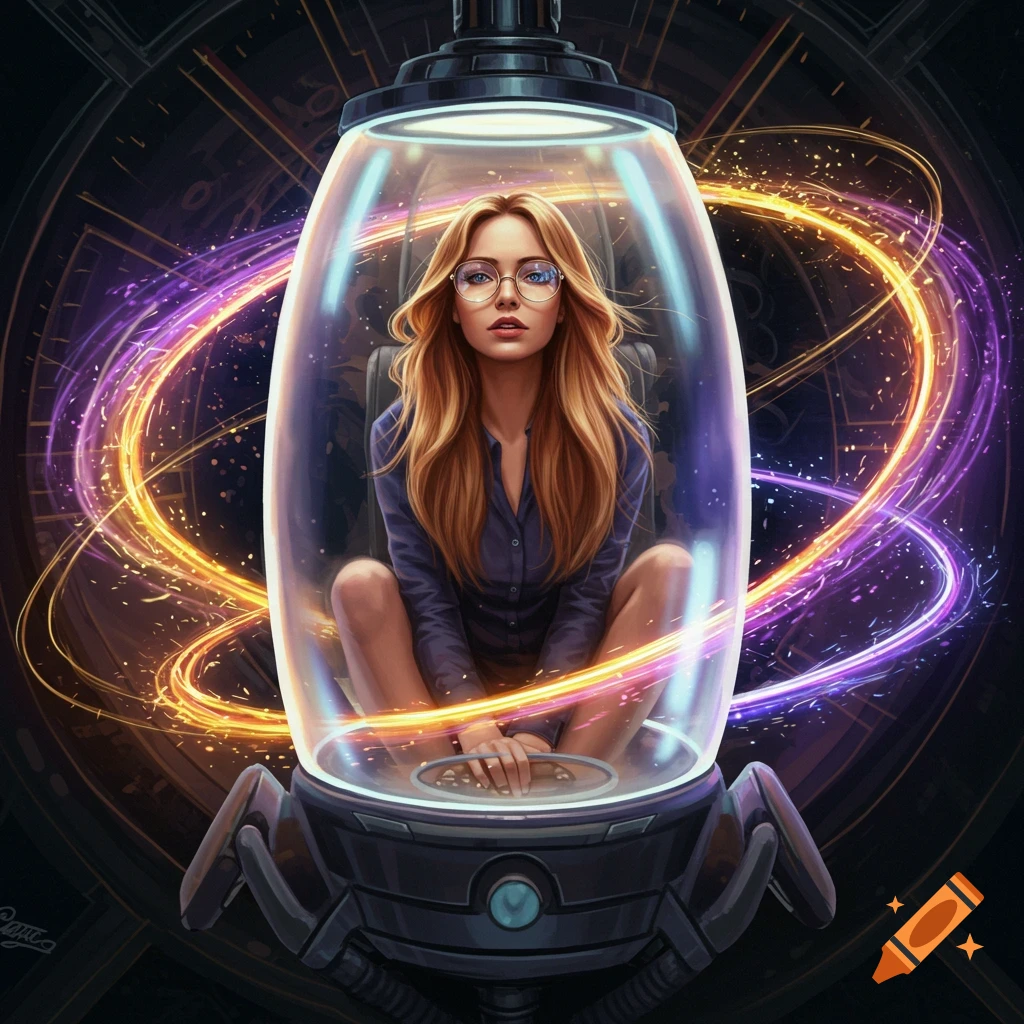 A long-haired woman with glasses sits inside a glowing glass time machine, surrounded by streaks of orange and purple light.