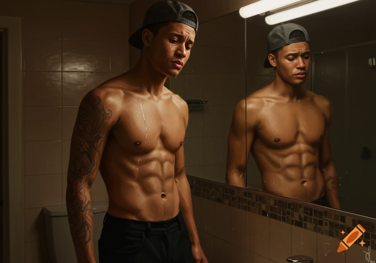 A realistic portrait of a shirtless young man in a brimmed cap, crying in front of a bathroom mirror, with tears streaming down his chest.