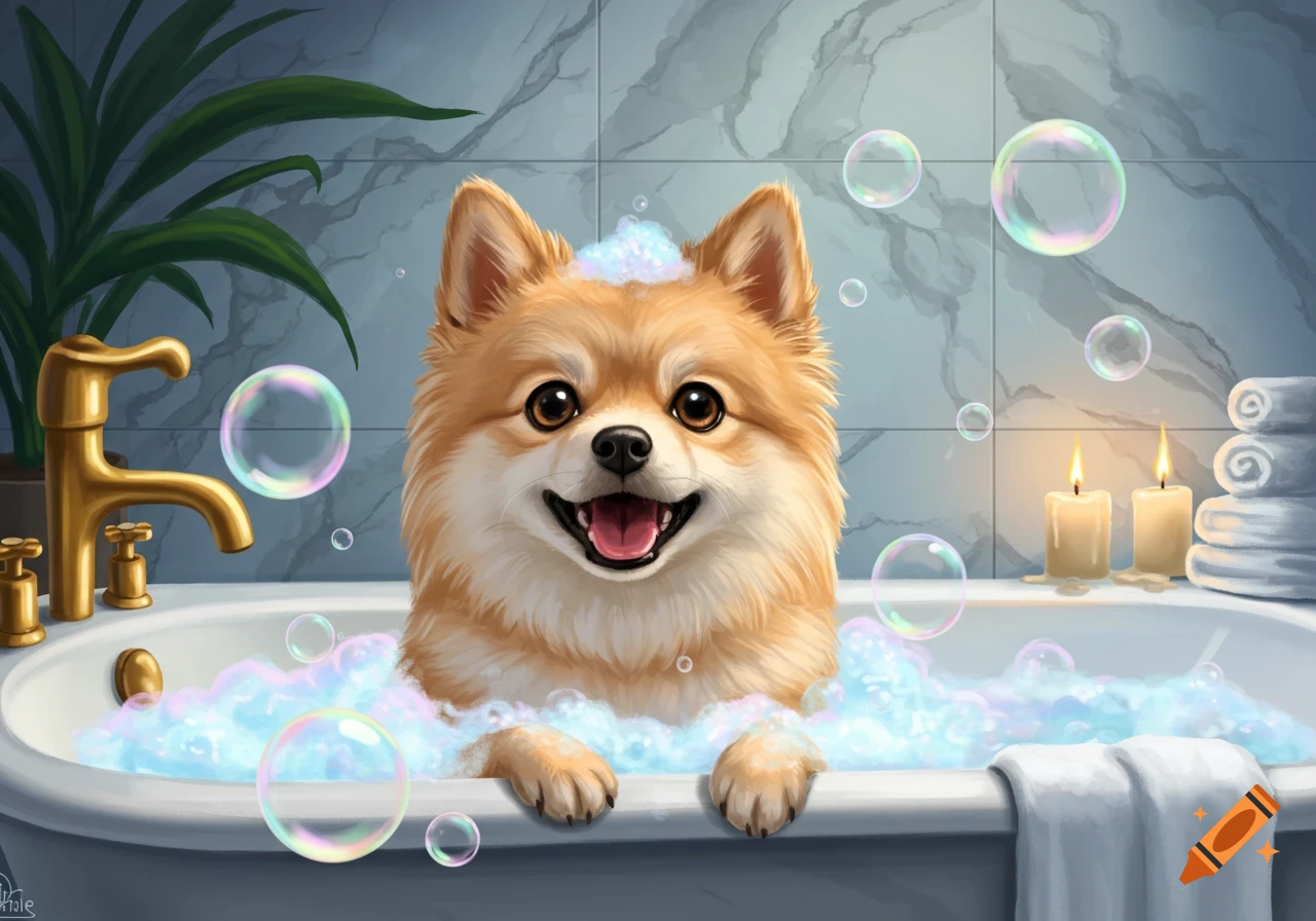 A happy, fluffy Pomeranian dog is in a bubble bath surrounded by colorful bubbles in a bathroom setting with candles and towels.