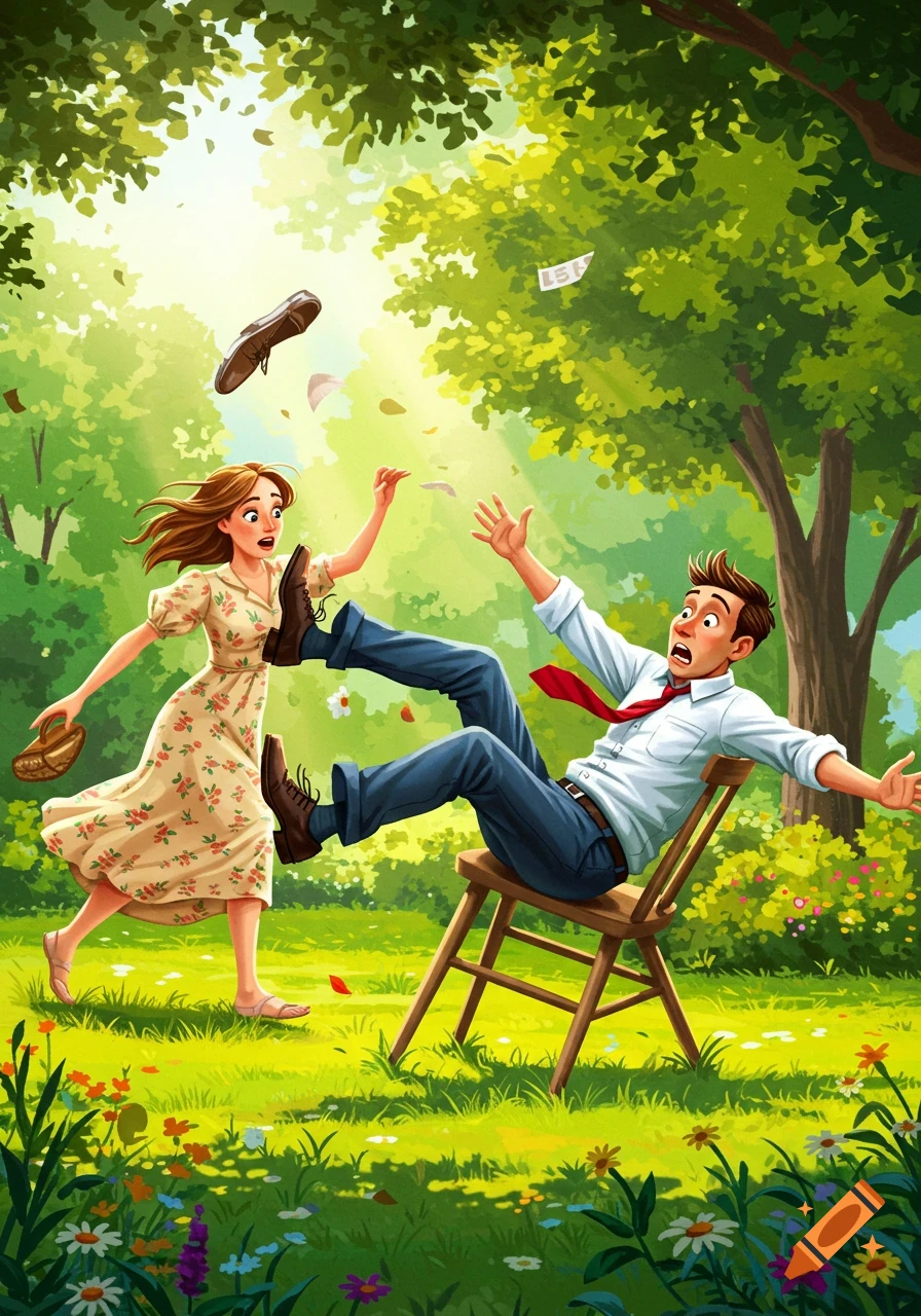 Cartoon illustration of a man falling backward off a chair in a park, his shoes flying off, as a woman runs to him.