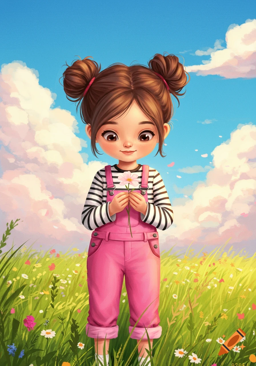 An illustration of a cute girl with brown buns, pink overalls, and a striped shirt, holding a pink flower in a grassy field.