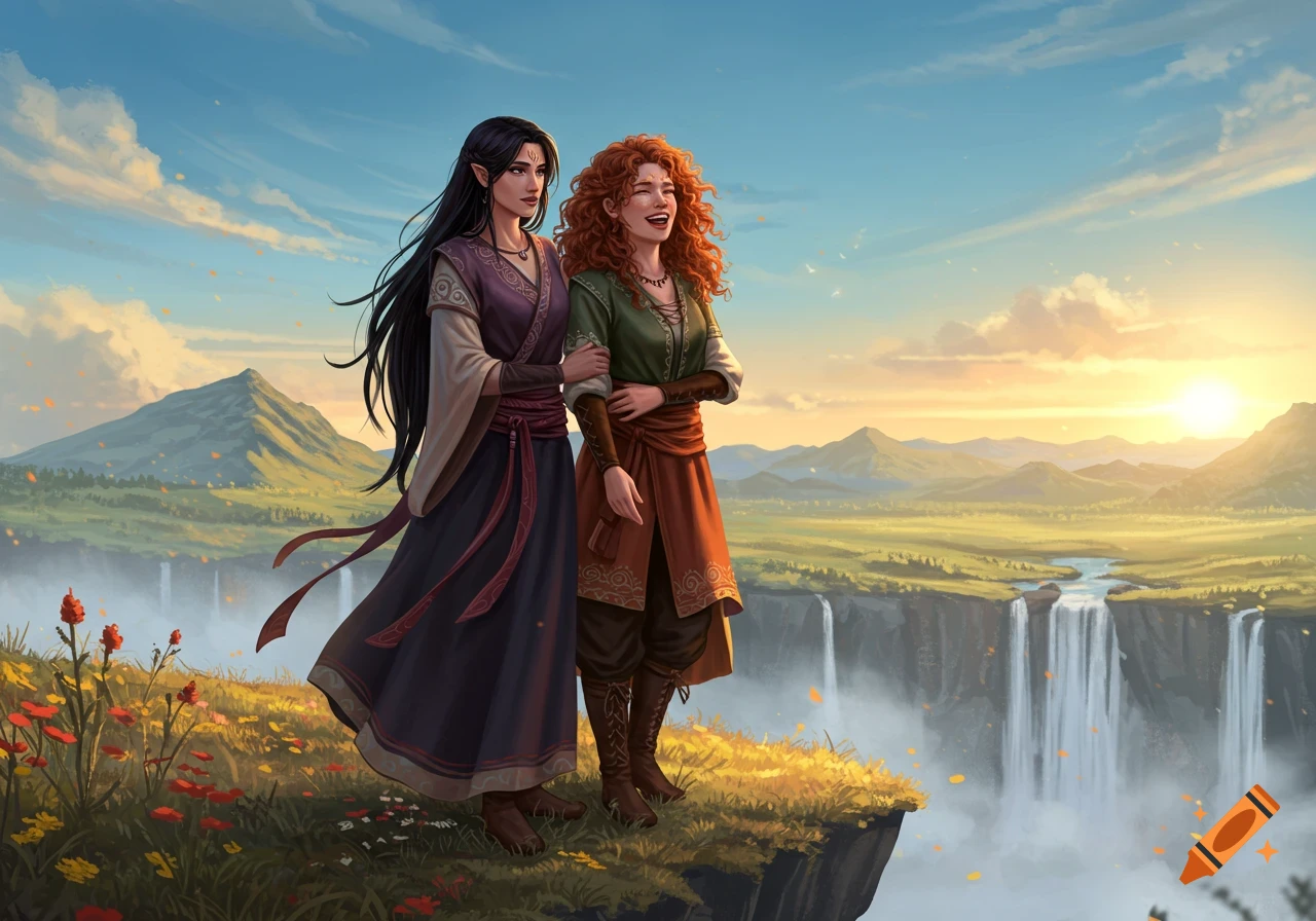 A fantasy illustration of two women, one with dark hair and one with red hair, standing on a cliff overlooking waterfalls and mountains at sunset.