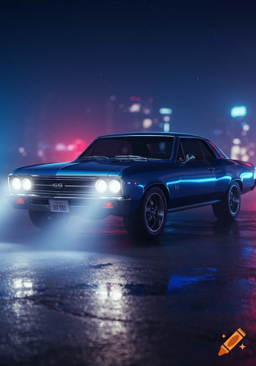A blue 1967 Chevelle SS is parked on a wet city street at night, illuminated by its bright headlights and the neon glow of the city lights in the background.