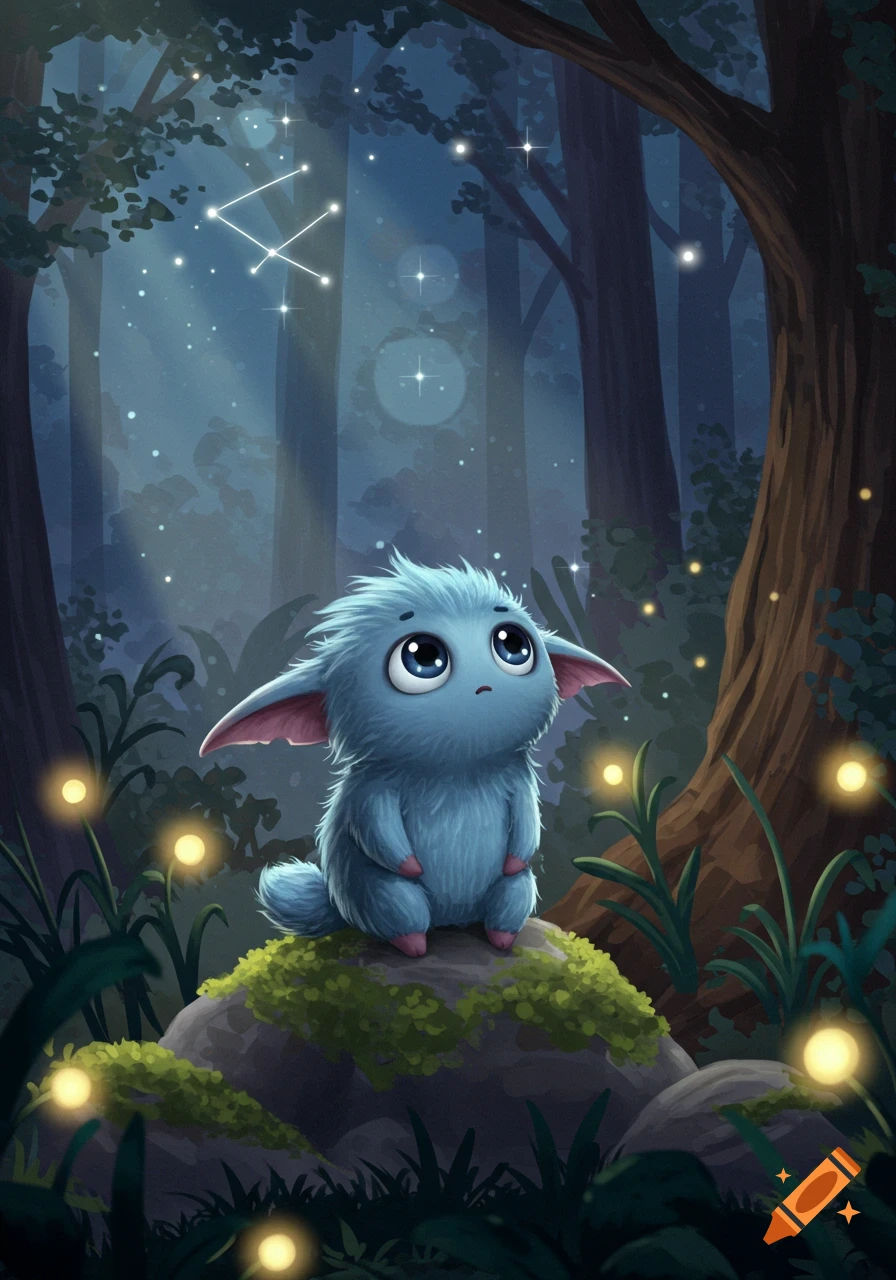 A cute, fluffy blue creature with big eyes sits on a mossy rock in a dark, magical forest, looking up at a constellation and glowing fireflies.