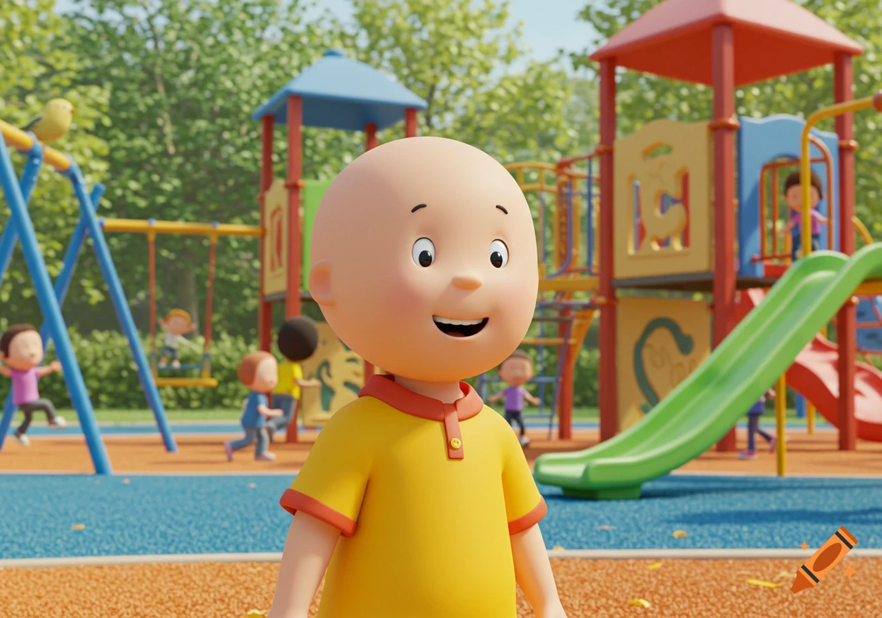 Caillou, a bald child in a yellow shirt, smiles in a brightly lit 3D animated playground.