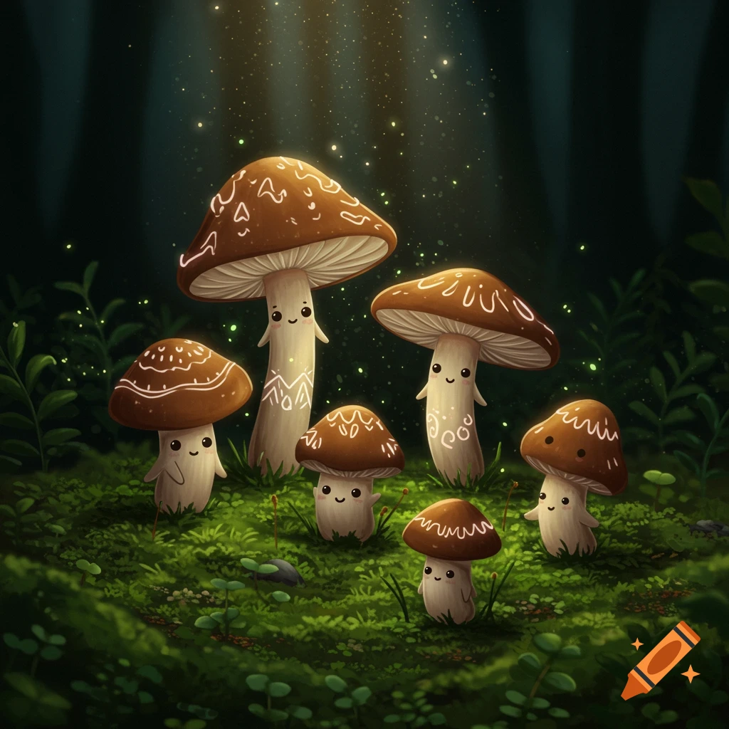 A family of cute, anthropomorphic mushrooms with smiling faces and patterns on their caps and stems, standing in a mossy forest under dappled sunlight.