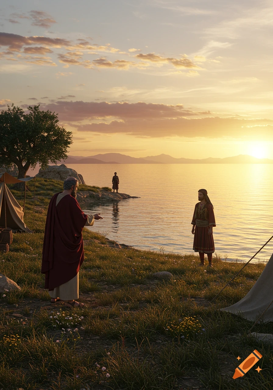 Three men in ancient robes on a grassy shore by a calm lake at sunset, with distant mountains and small tents.