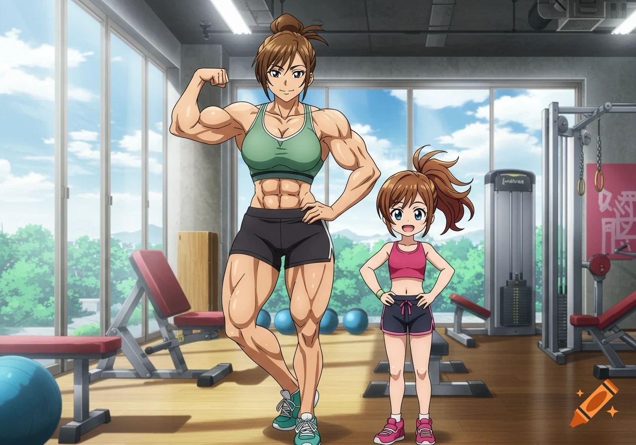 A muscular anime woman flexing her bicep next to a young girl in an anime gym.