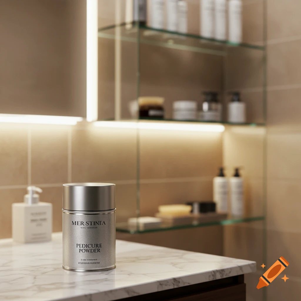 A silver can of Mer Stinea Pedicure Powder on a marble bathroom counter with illuminated mirrors and glass shelves.