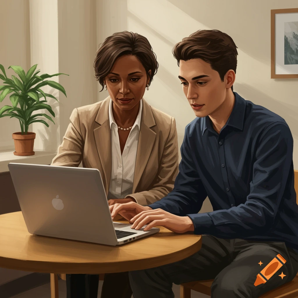 An olive-skinned woman and a young man intently look at a laptop on a round table in an illustration.