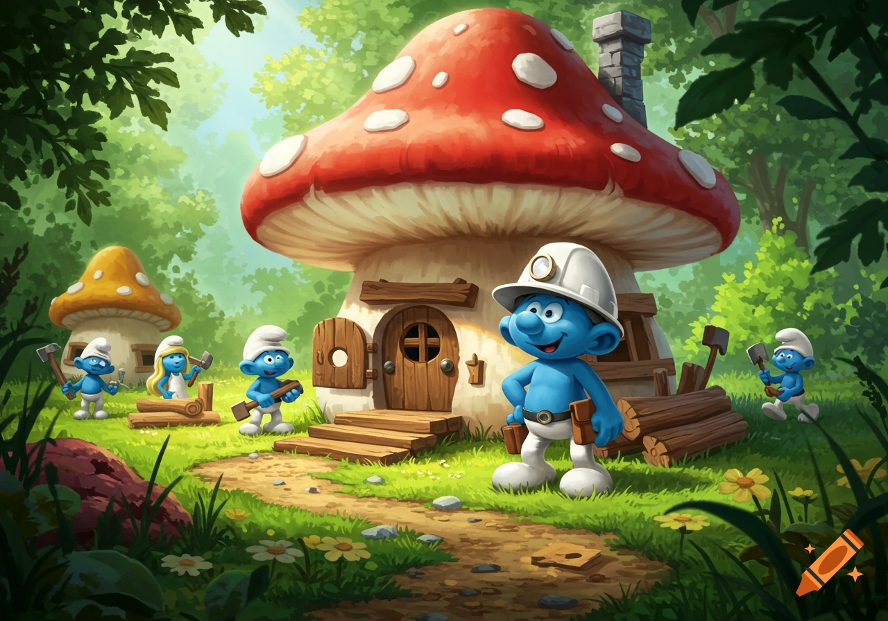 Cartoon Smurfs, including one in a hard hat, working around mushroom houses in a vibrant forest.