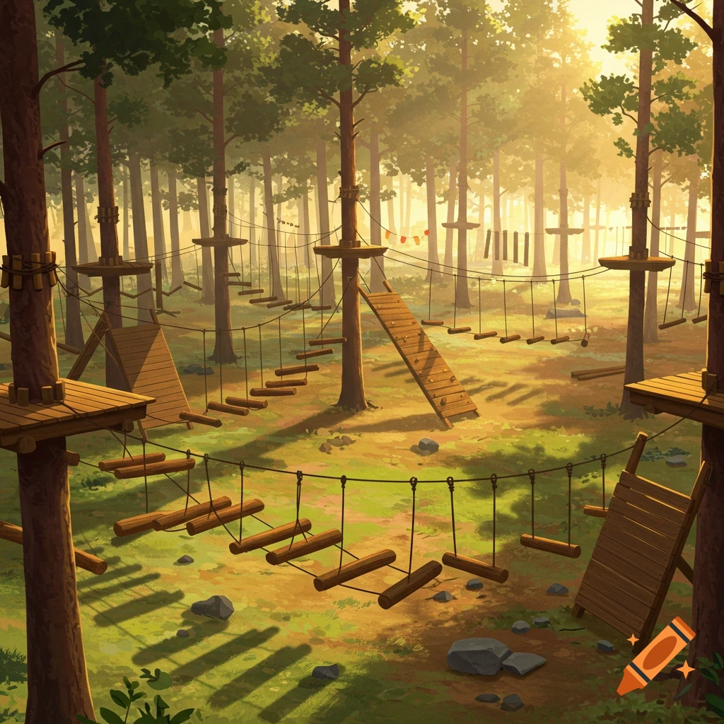 A sunny, green forest clearing with an intricate wooden and rope obstacle course connecting several tall trees.