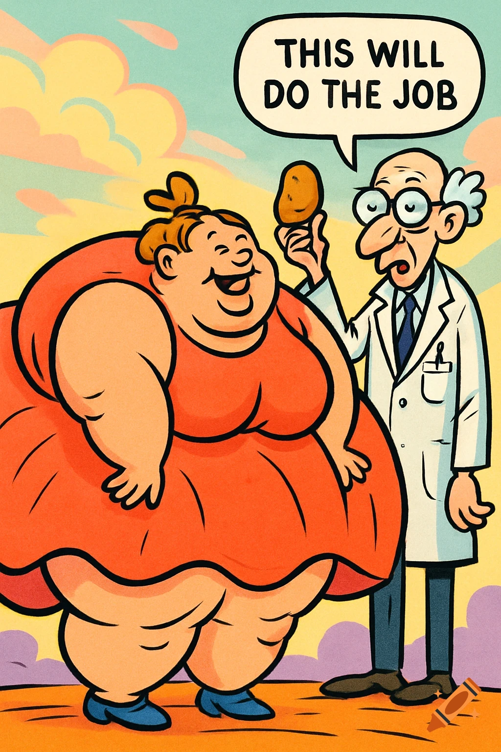 Cartoon of an extremely obese person in an orange dress laughing next to a doctor holding a potato, with a speech bubble saying 'THIS WILL DO THE JOB'.