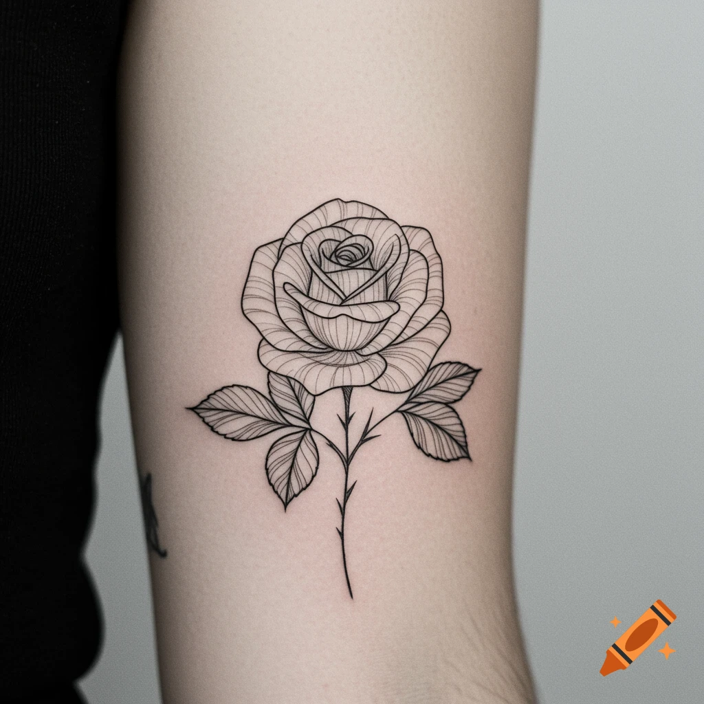 A black and white fine line rose tattoo on an arm.