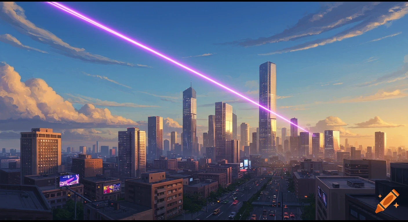 A vibrant city skyline at sunset, with a bright purple ray of light shooting across the sky.