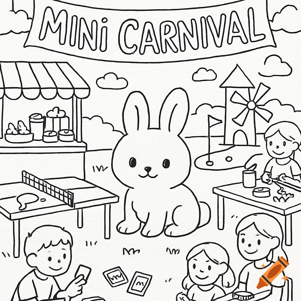 A black and white coloring page showing a 'Mini Carnival' scene with a large bunny, children playing games and doing crafts.