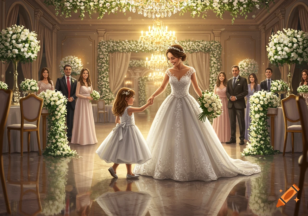 A bride and a flower girl dance hand-in-hand at a grand wedding reception adorned with white flowers and sparkling chandeliers.