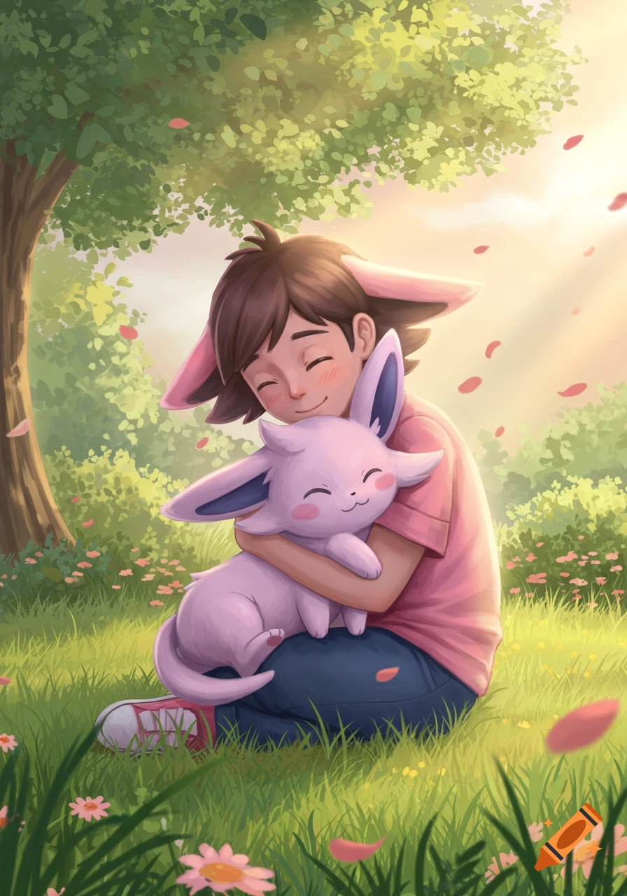 An anime-style illustration of a person with animal ears cuddling a pink Espeon in a sunlit grassy field with flowers and trees.