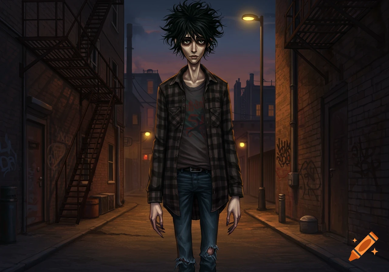 A gaunt, tired-looking male with messy black hair and sharp fingernails stands in a dark, graffiti-covered urban alleyway at night, lit by streetlights.