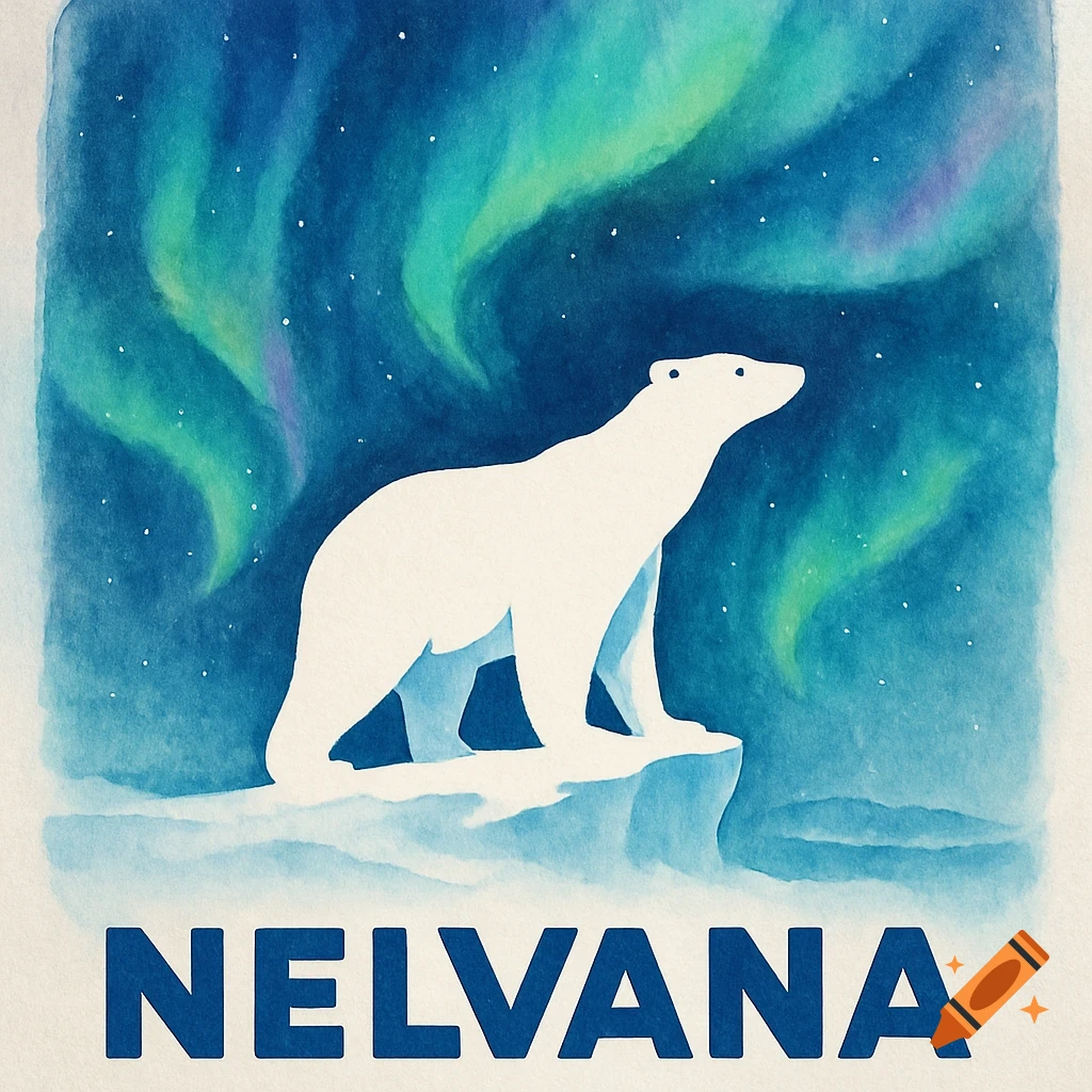 Watercolor illustration of a white polar bear on an ice floe under a blue and green aurora borealis sky, with 'NELVANA' in bold blue text.