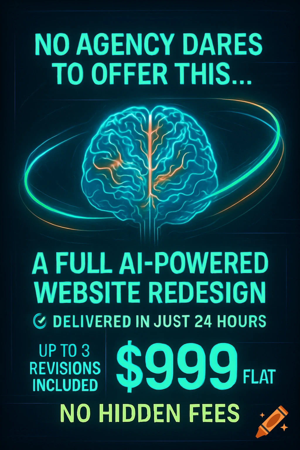 A vibrant blue and green advertisement for an AI-powered website redesign, featuring a glowing brain graphic and text detailing the service for $999.