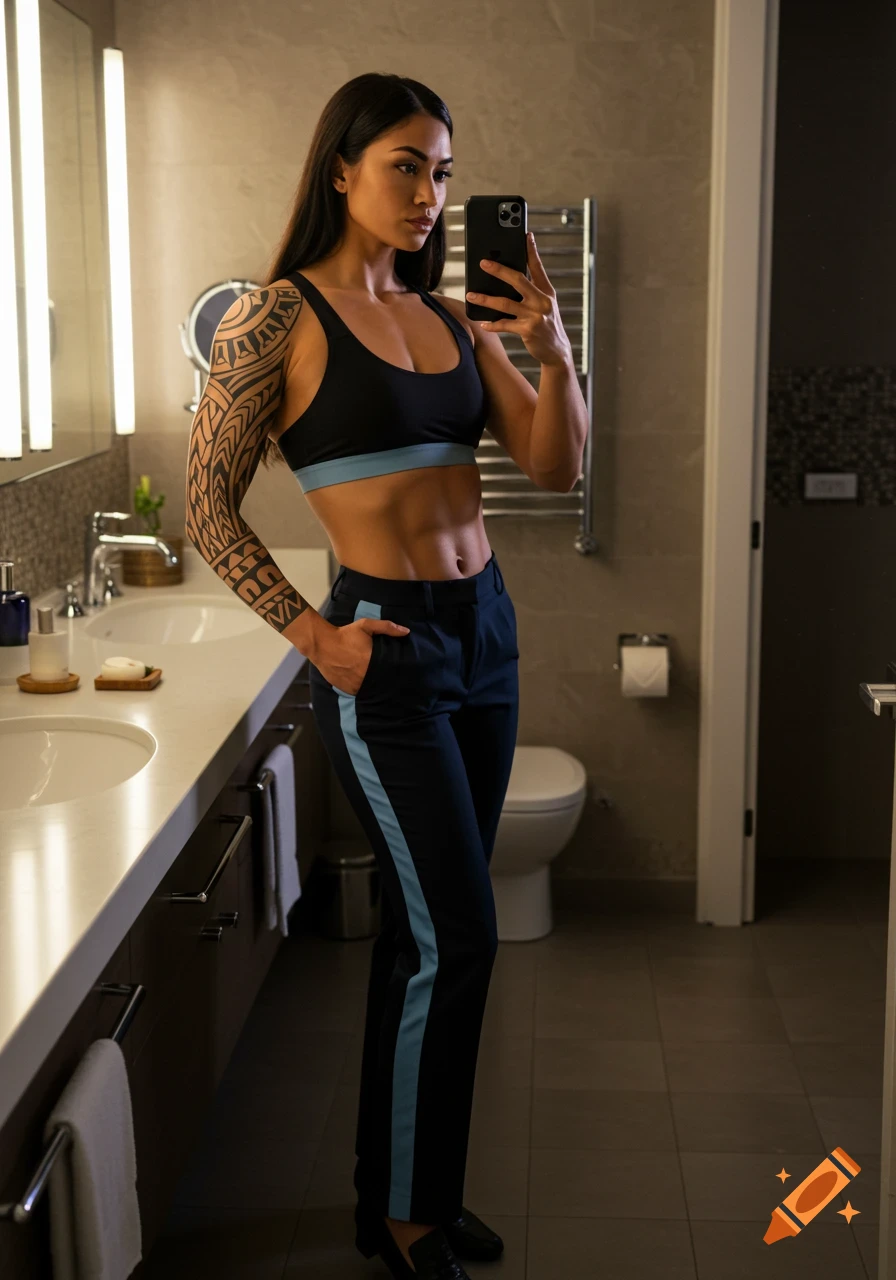 A woman with tribal tattoos in a sports bra and dark pants takes a selfie in a modern bathroom.
