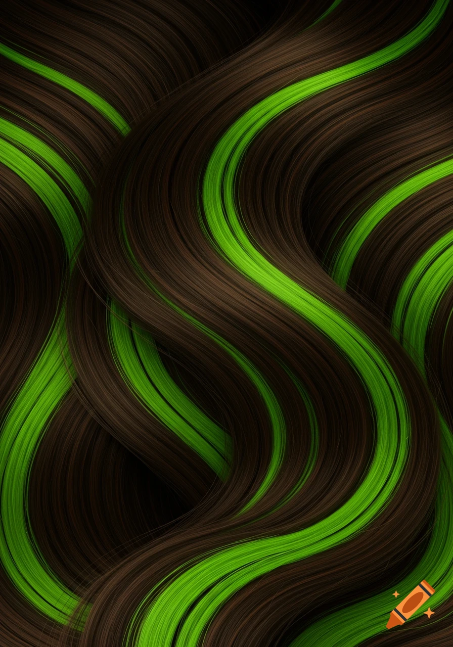Wavy dark brown hair with vibrant lime green streaks.