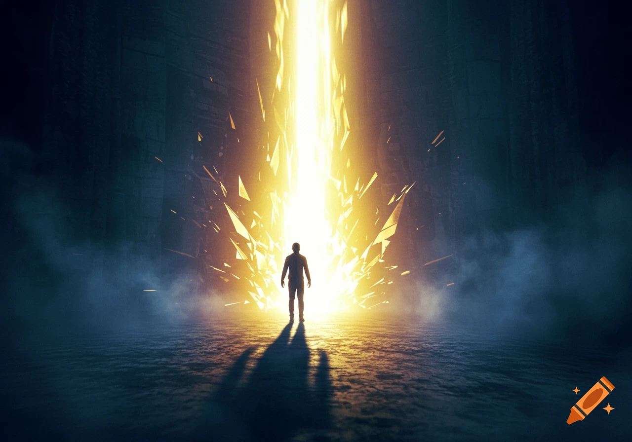 A person's silhouette stands on a dark floor looking up at a powerful column of bright golden light breaking into shards.