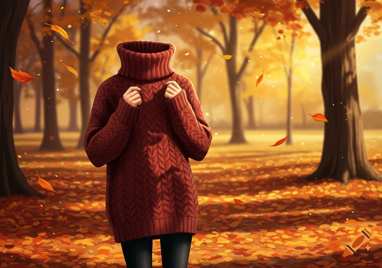 Headless figure in a red cable-knit turtleneck sweater stands in an autumn forest with falling yellow and orange leaves.