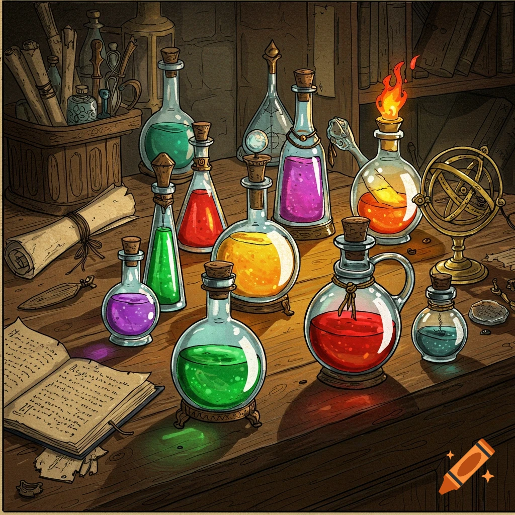 A detailed illustration of a wooden table covered with various colorful potion bottles, an open spellbook, and ancient artifacts like an armillary sphere.