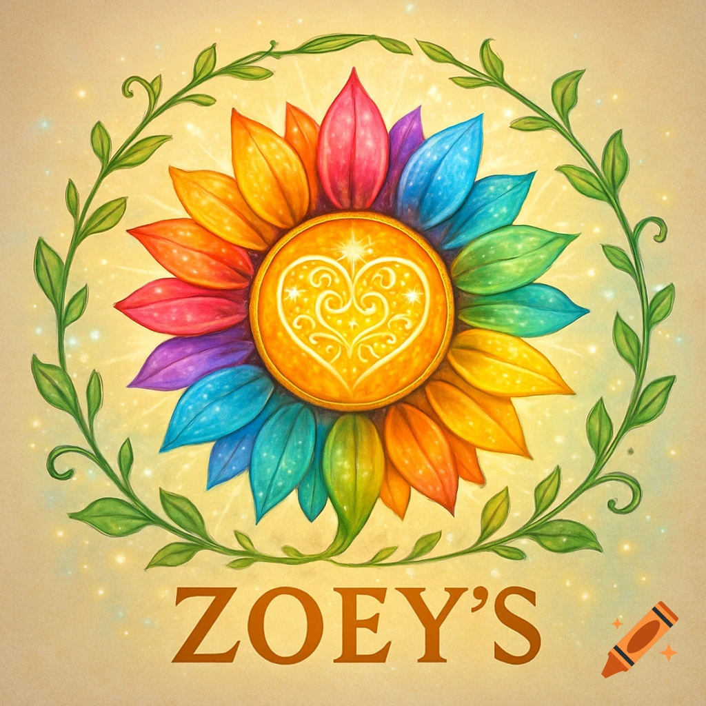 A rainbow flower logo with a glowing heart center, surrounded by green vines, and the text ZOEY'S below. Illustrative style.
