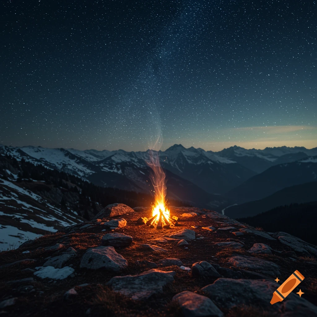 A campfire burning on a rocky mountain peak under a starry night sky, with snowy mountains in the background.