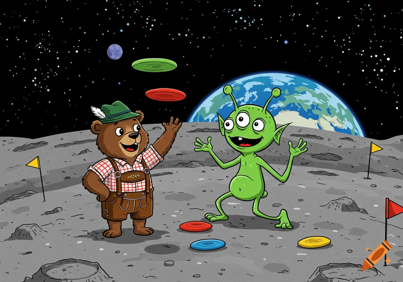 A cheerful cartoon bear in lederhosen and a green three-eyed alien play disc golf on the moon, with Earth visible in the background.