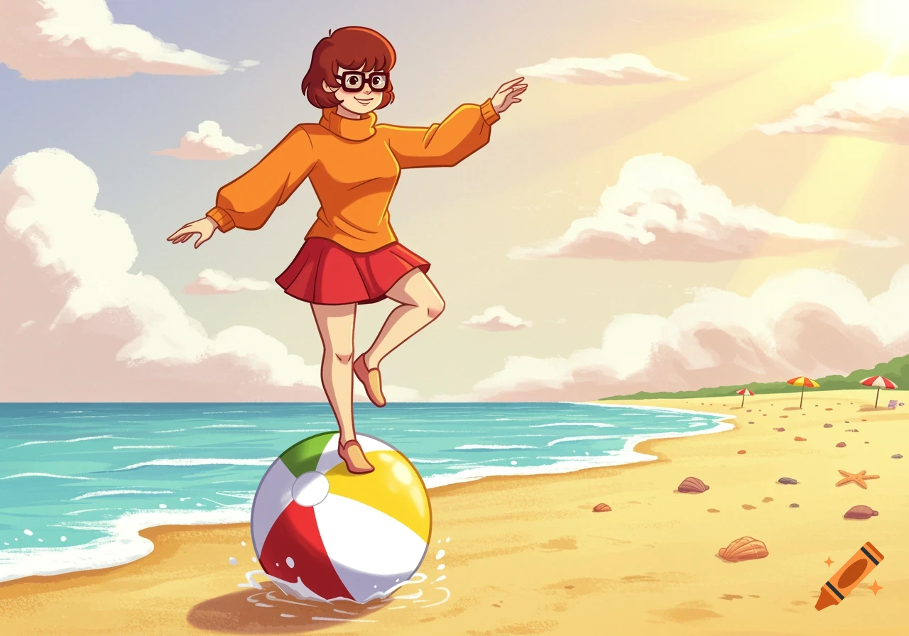 Cartoon character Velma Dinkley balances on a colorful beach ball by the ocean on a sunny day.