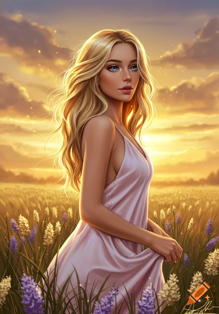 A blonde woman in a pink slip dress stands in a field of flowers at sunset, in a stylized digital painting.