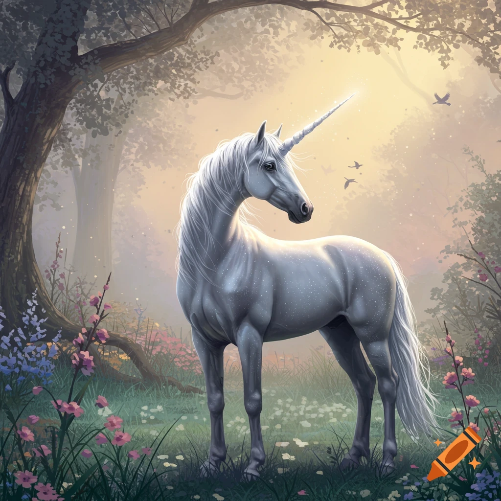 A majestic white unicorn stands gracefully in a sunlit, mystical forest clearing, surrounded by colorful wildflowers and soft mist.