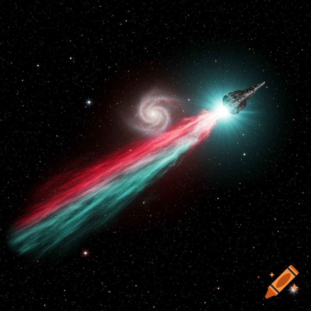 An interstellar object, possibly a comet or spaceship, with a bright light and a red and teal trail against a starry sky with a spiral galaxy.